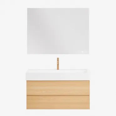Zestaw Wiszących Mebli Łazienkowych Z Drewna I Forniru Jesionowego Zintegrowany Z Umywalką Ona Naturalna & Prostokątny Led - Sklum