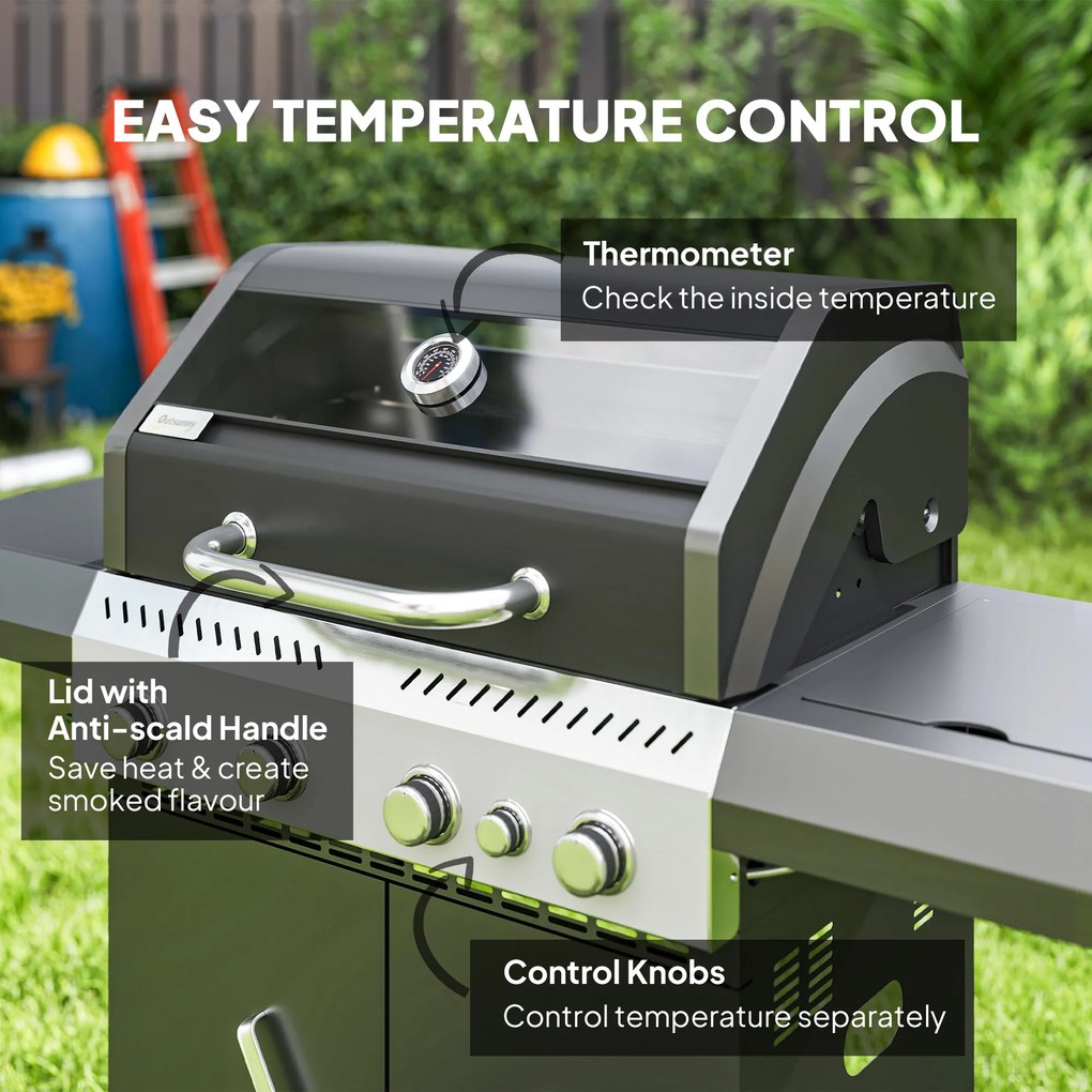 Outsunny grill gazowy na wózku z pięcioma palnikami bocznym palnikiem kółkami pokrywą termometrem i półkami do ogrodu | Aosom PL
