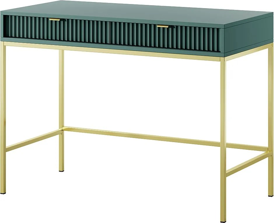 Toaletka Geriffelt z złotymi uchwytami, stalowa rama, biurko MDF, 2 szuflady, rzeźbiona fasada, 104x78x50 cm, matowy labrador, złote metalowe nogi
