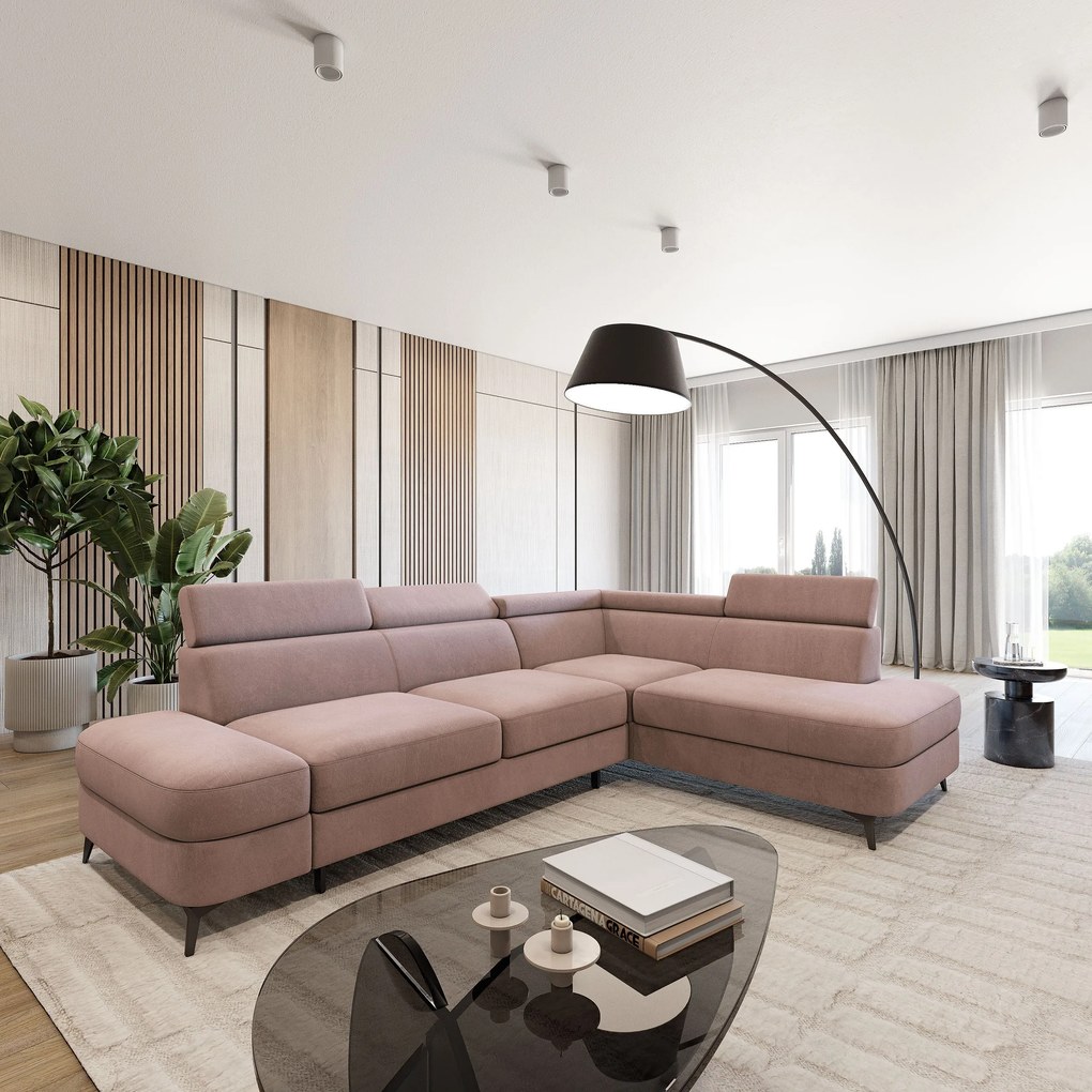 Masseno Narożnik AVISE z funkcją spania i pojemnikiem na pościel - Pudrowy róż - MATT VELVET 61 / Prawostronny