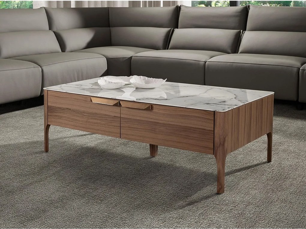 Prostokątny szklany stolik kawowy imitujący marmur i orzech włoski 2046 ANGEL CERDA