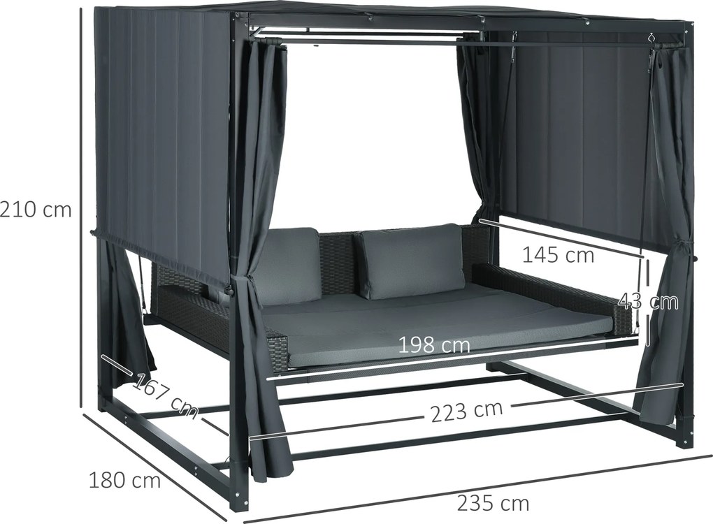 Outsunny Łóżko huśtawkowe ogrodowe z rattanu z baldachimem i poduszkami szare odporne na pogodę | Aosom PL