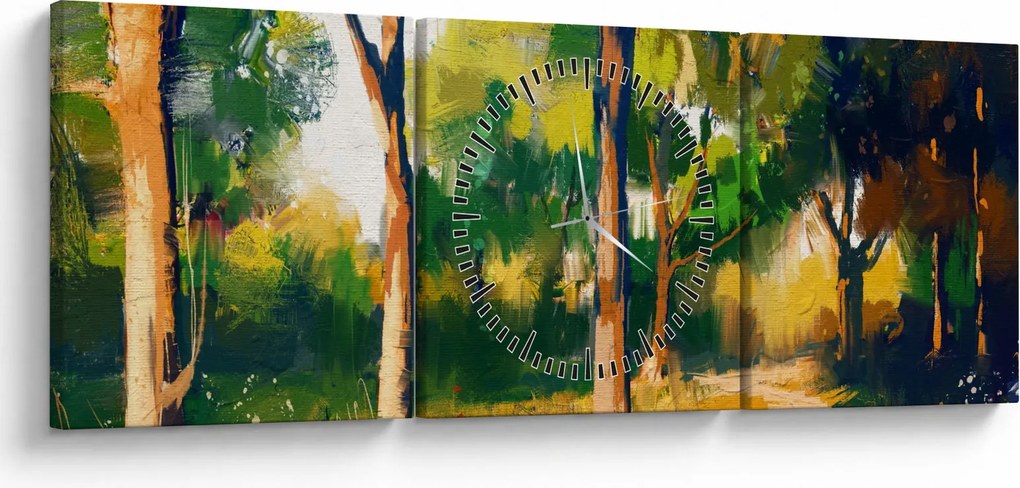 Obraz lasu w letnim słońcu, malarstwo (z zegarem) (90x30 cm)