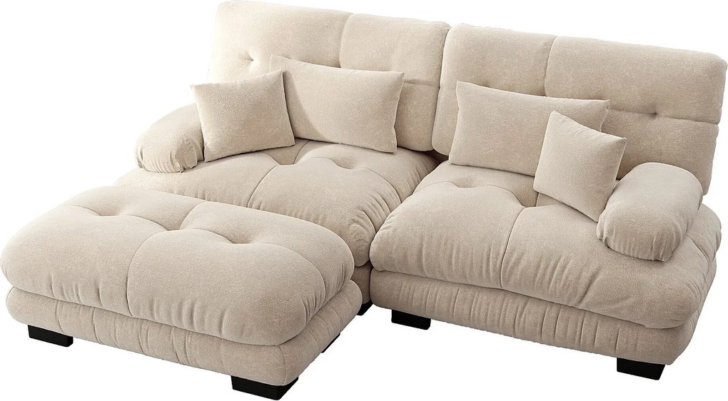 Beżowa sofa 2-osobowa - Narożnik z 2 poduszkami lędźwiowymi i 2 poduszkami dekoracyjnymi - podłokietnikami i podnóżkiem - szenil