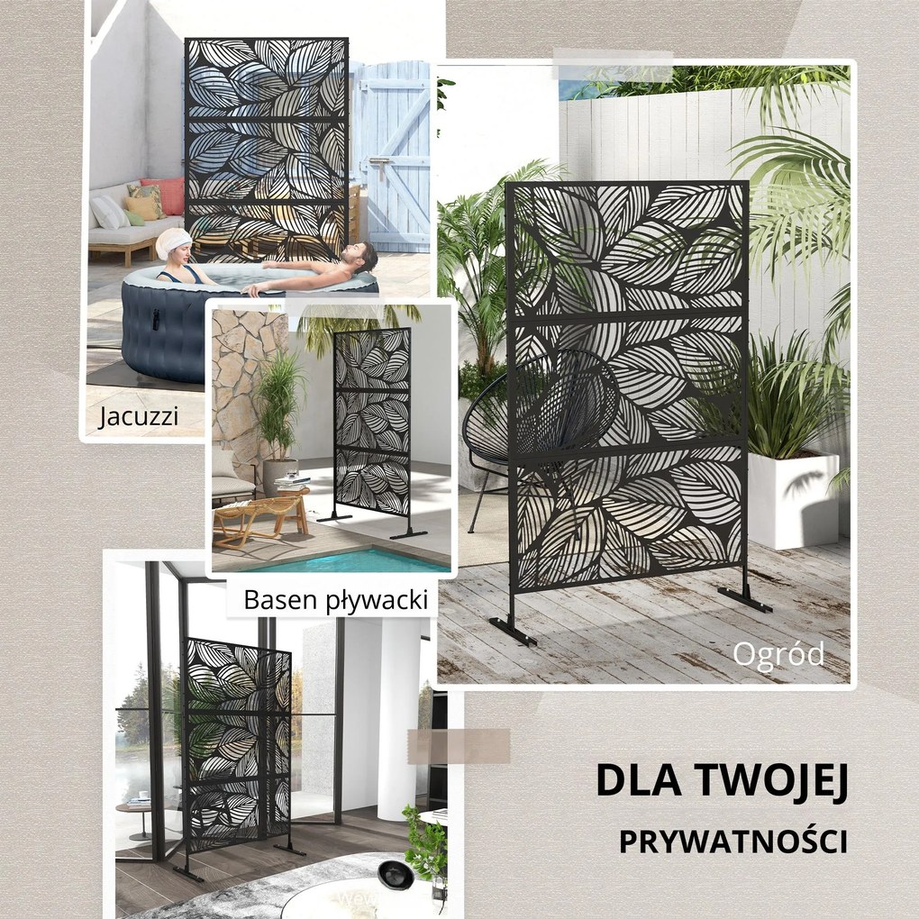 Outsunny Parawan Ogrodowy Metalowy z Motywem Floralnym, 122 x 45 x 198 cm, Czarny | Aosom PL