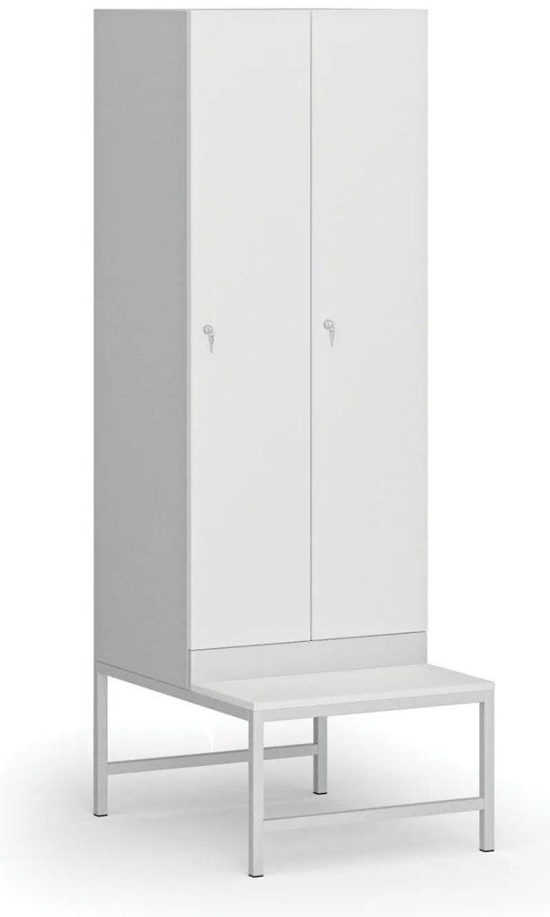 Szafka ubraniowa S1 z ławką, 2-drzwiowa, 1875 x 600 x 500/800 mm, zamek cylindryczny, drzwi laminowane, biała