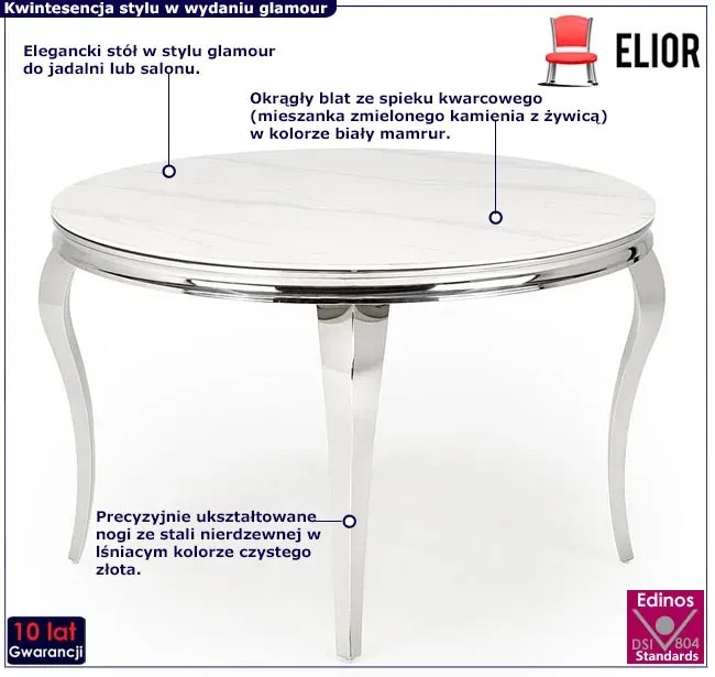 Okrągły stół glamour srebrny + biały marmur - Dalina