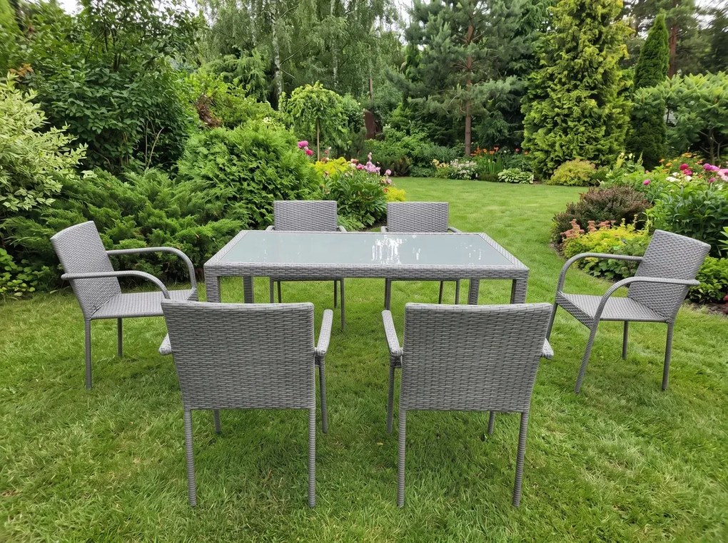 Komplet mebli obiadowych technorattan (stół 150x90cm + 6 krzeseł) AVVICENTE szary