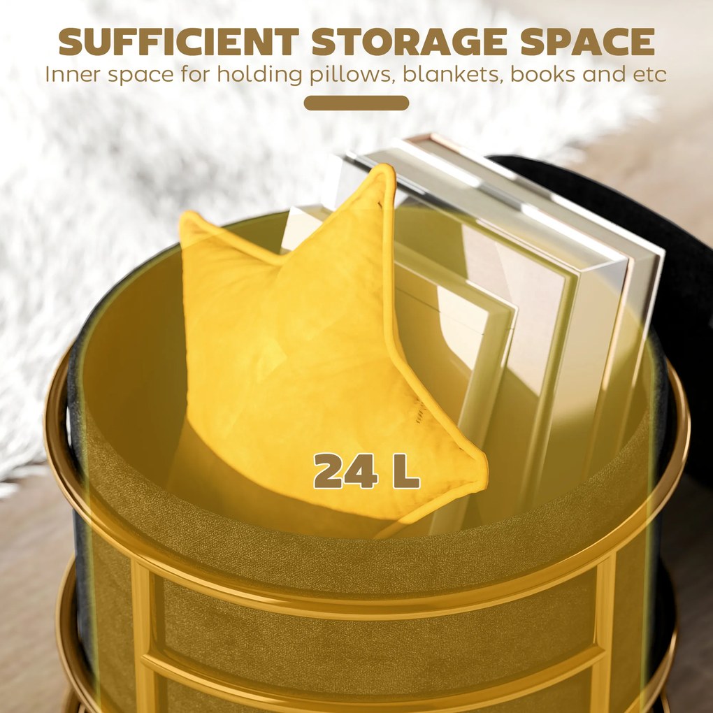 HOMCOM Pufa z przechowalnią, tapicerowany podnóżek, stalowa rama, złote akcenty, Czarny