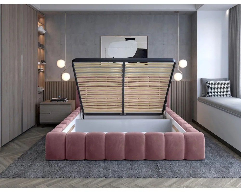 Różowe tapicerowane łóżko dwuosobowe ze schowkiem ze stelażem 180x200 cm Lamica – ELTAP