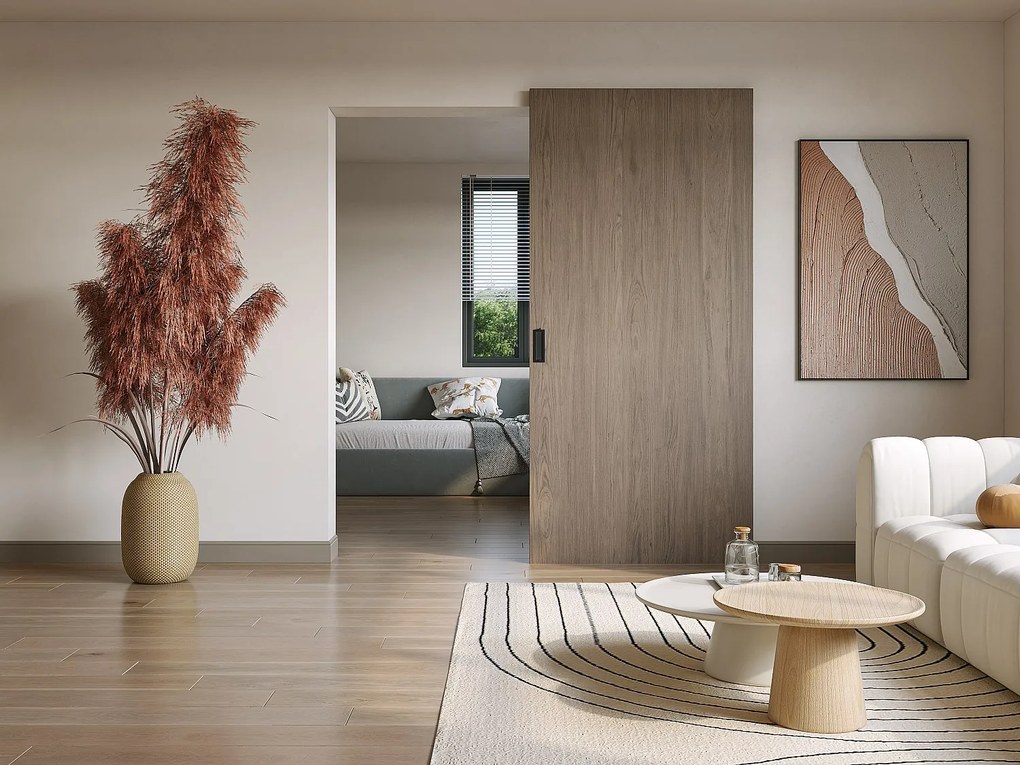 Drzwi przesuwne z drewna i MDF z niewidoczną szyną - Jasny dąb - 83 x 210 cm - BOCAZI