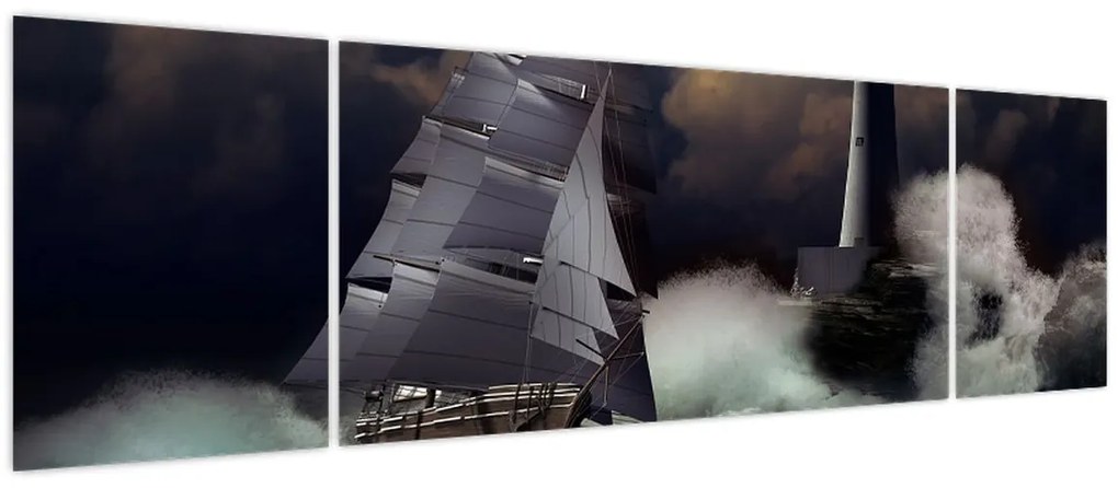 Obraz - Statek płynący przez wzburzone fale (170x50 cm)
