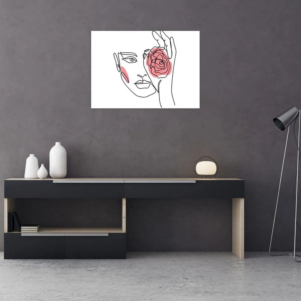 Obraz na szkle - Line art twarz z różą (70x50 cm)