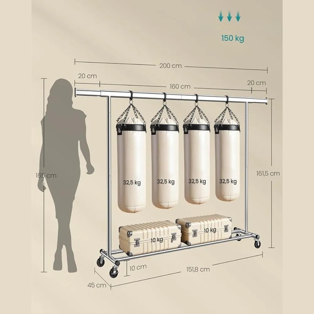 Wieszak na ubrania DOLLY na kółkach, max. 150 kg, 45x160-200x161,5cm, srebrny SongmicsHome
