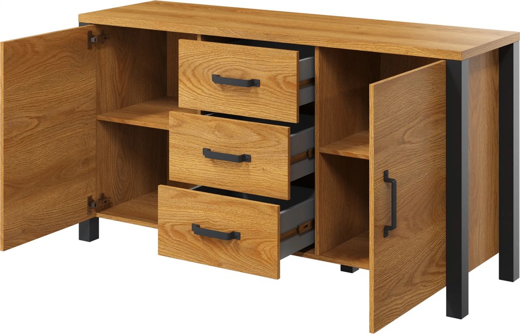 Komoda Olin 26 150 cm z szufladami - dąb karmelowy / czarny supermat - Oferta Limitowana