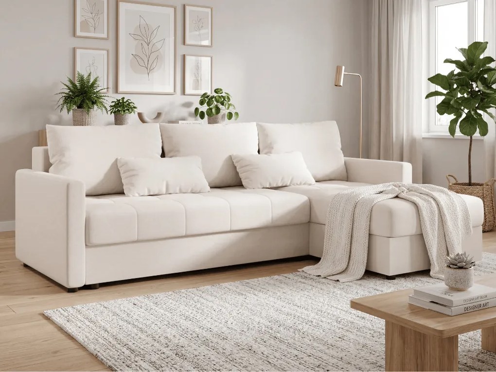 Rozkładany dwustronny narożnik L VENORIA 220x143 cm, kremowy + 2 poduszki GRATIS