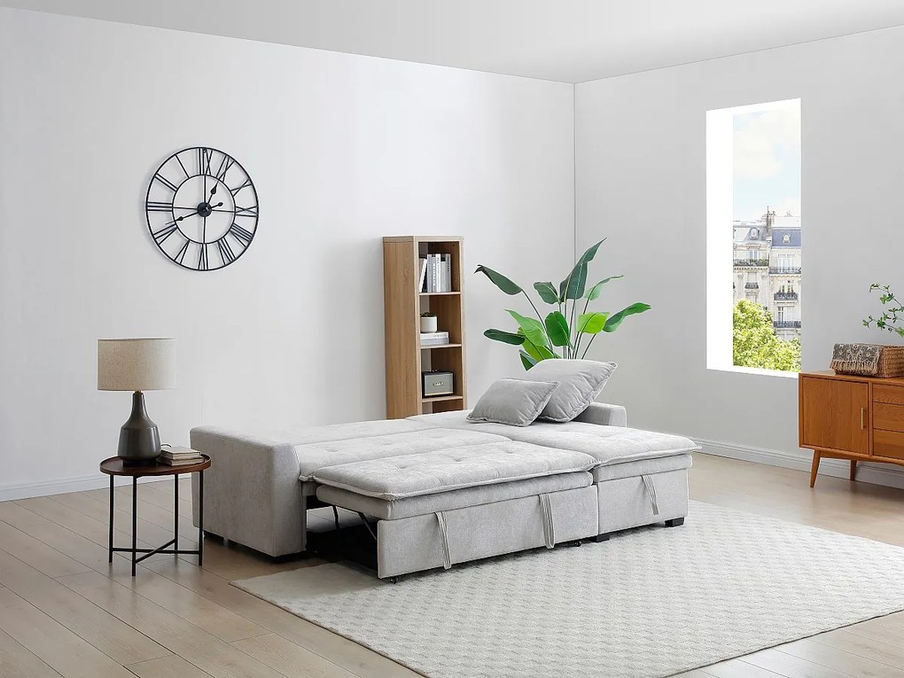 Kanapa narożna rozkładana i dwustronna  z jasno szarej tkaniny ZAKILA