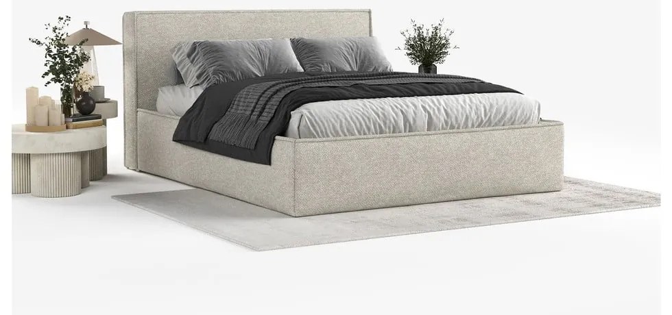 Jasnoszare tapicerowane łóżko dwuosobowe ze schowkiem ze stelażem 200x200 cm Lounge L – Maison de Rêve