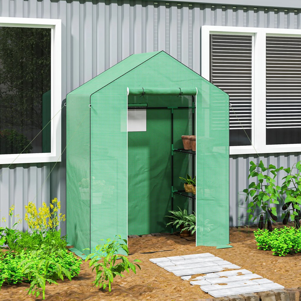 Outsunny Szklarnia z półkami, mini-szklarnia, odporna na UV, okna z siatki, drzwi na zamek błyskawiczny, 143D x 74S x 190W cm, Zielona