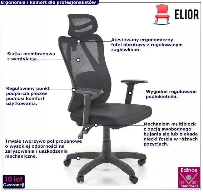 Obrotowy czarny ergonomiczny fotel z zagłówkiem i regulowanym oparciem - Recosa