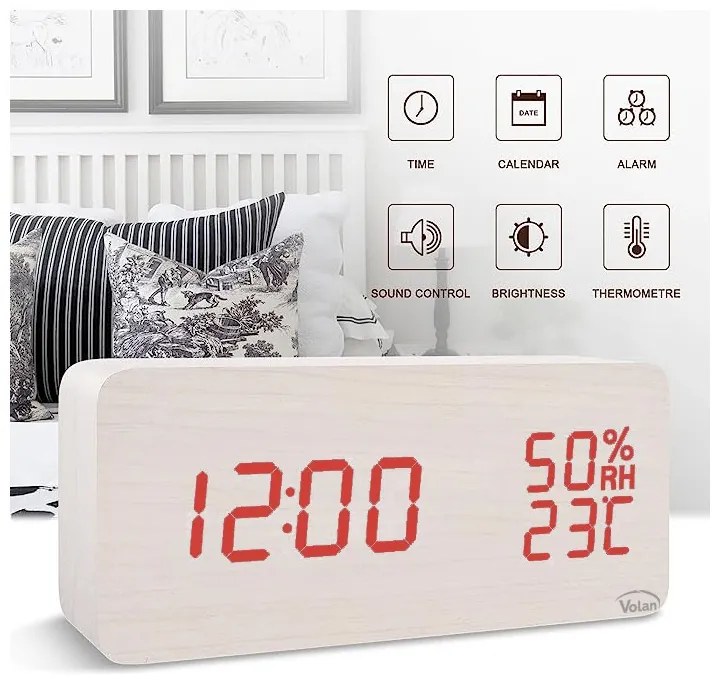 Zegar budzik elektroniczny led drewniany stojący - data termometr higrometr