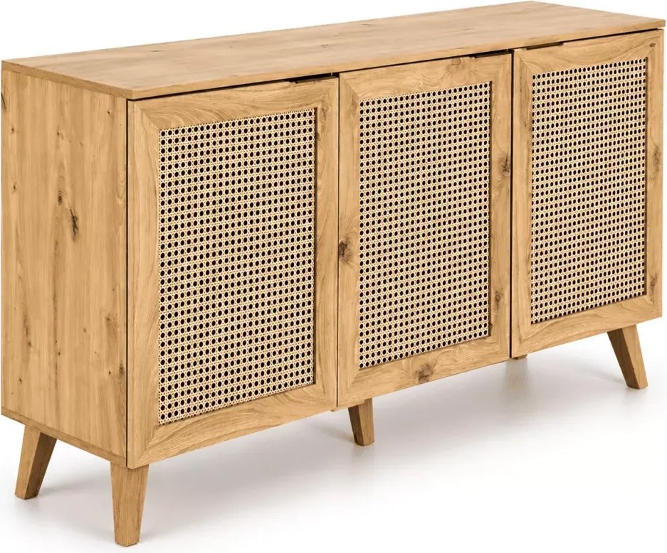 Komoda Calviro - w kolorze dąb artisan/czarny, nowoczesna, wykonana z płyty meblowej, posiada plecione wstawki