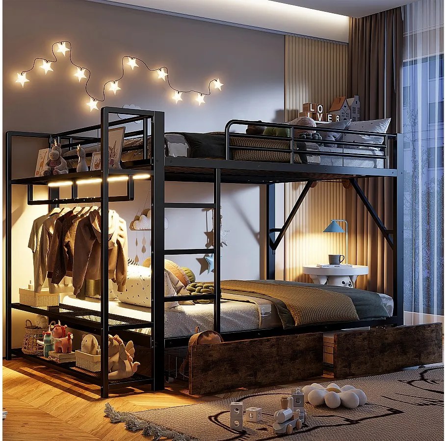 Łóżko piętrowe dla dzieci - 2 x 140 x 200 cm - rama żeliwna - z 2 szufladami + półki + diody LED - metalowe - czarne
