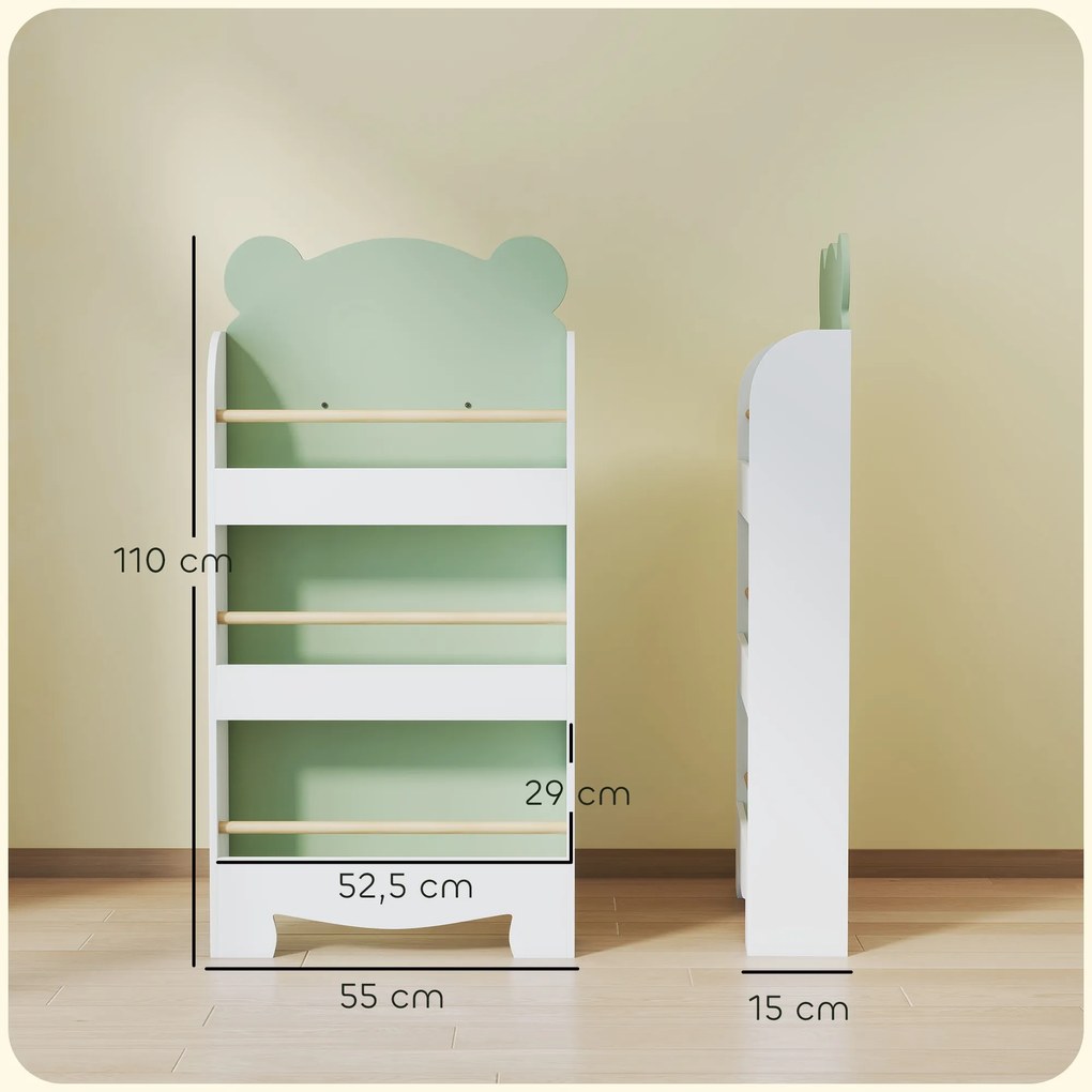 AIYAPLAY Regał na książki dla dzieci, 3-poziomowy regał z motywem misia do książek i zabawek, 55 x 15 x 110 cm, zielony | Aosom PL