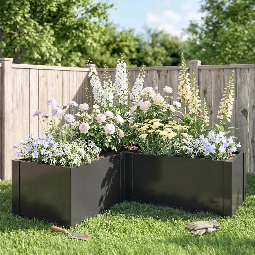 Outsunny Podwyższona grządka w kształcie litery L, odporna na warunki atmosferyczne, wykonana z ocynkowanej stali, 150 x 150 x 55 cm, czarna | Aosom PL
