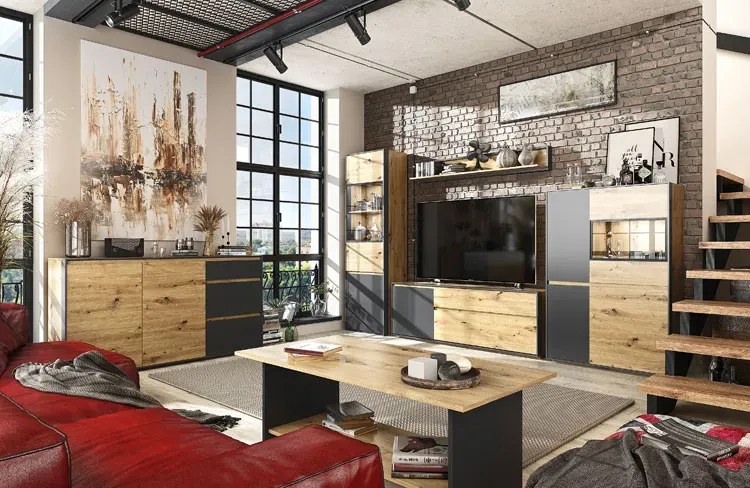 Zestaw nowoczesnych mebli do salonu dąb artisan + czarny - Flaser 10X