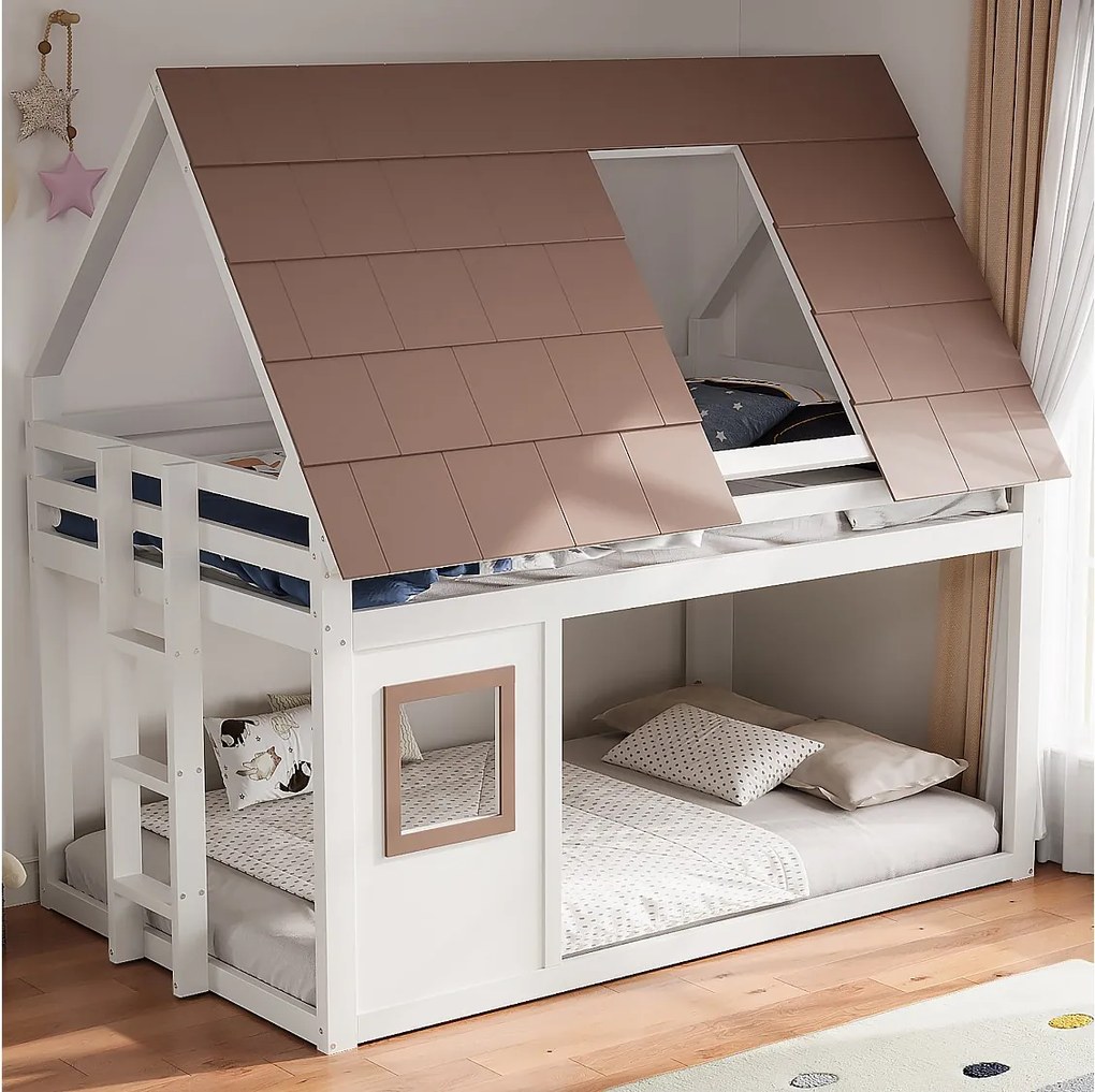 Łóżko piętrowe dla dzieci - 140 x 200 cm - z dachem + drabinka - MDF + drewno - białe i brązowe