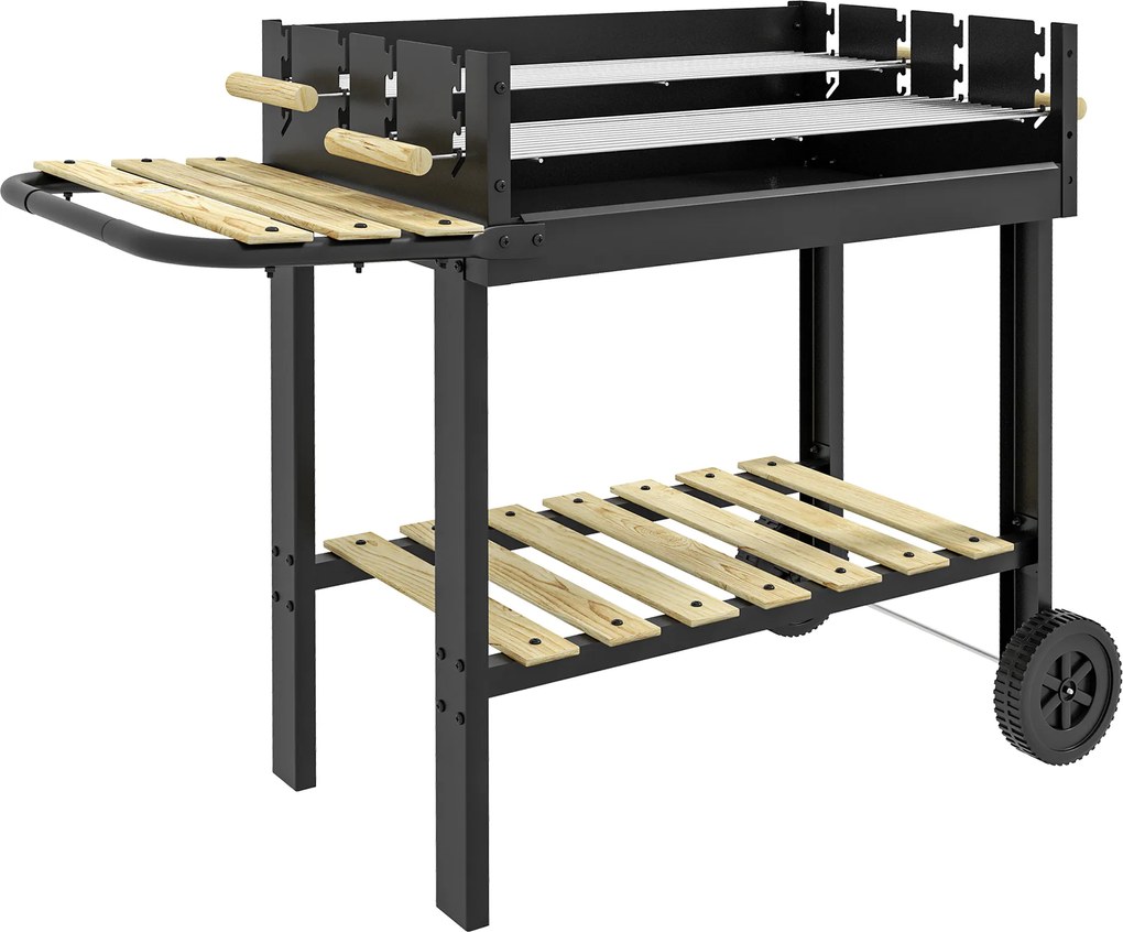 Outsunny Grill węglowy z dwoma rusztami, półką, uchwytem do BBQ, metalowy, czarny, 113 x 53,5 x 82,5 cm