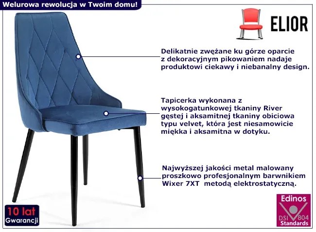 Granatowy welurowy zestaw 4 krzeseł pikowanych - Kalam 4X