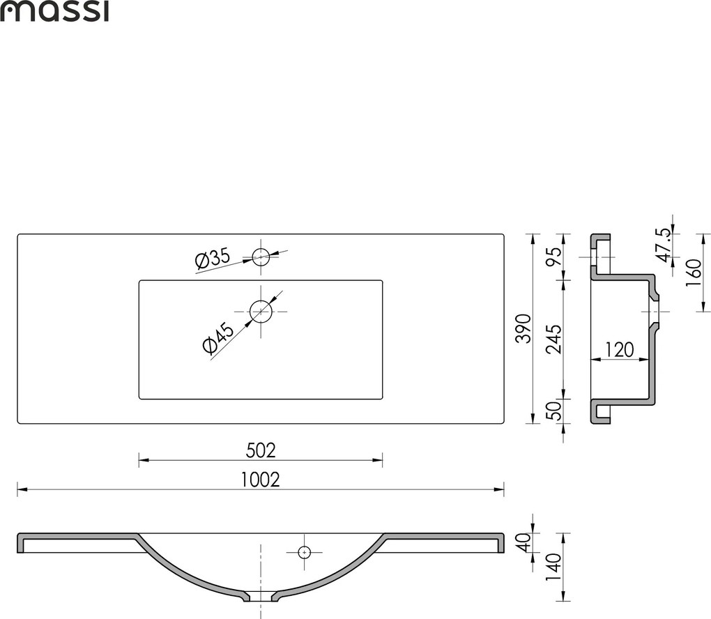 Umywalka wpuszczana w blat z konglomeratu WAVE 100 cm