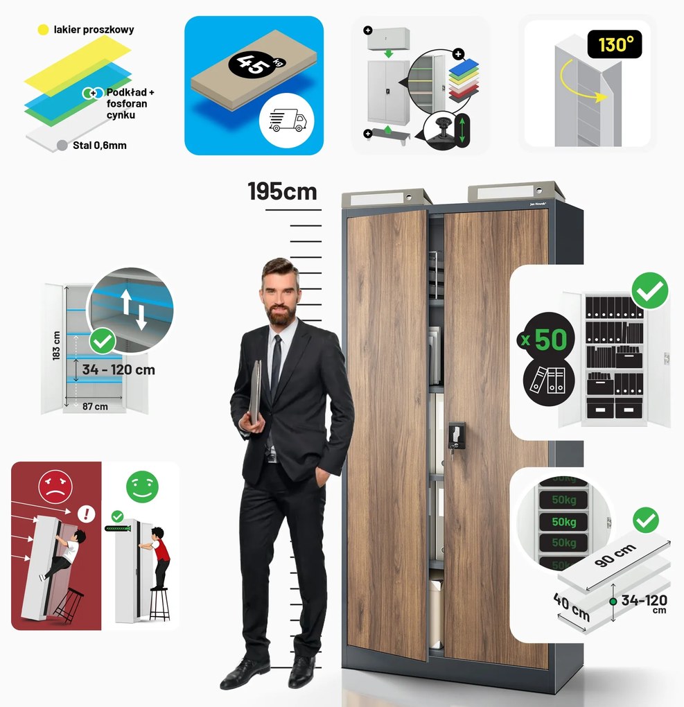 Szafa na dokumenty biurowa metalowa antracytowa/ orzech: Eco Design JAN H, 900 x 1950 x 400 mm