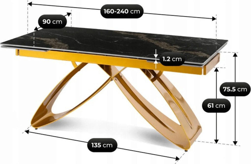 Zestaw Stół Rozkładany LUIGI 160-240 cm Czarny Marmur/Złoty i 4 Krzesła Tapicerowane YORK Czarne Glamour