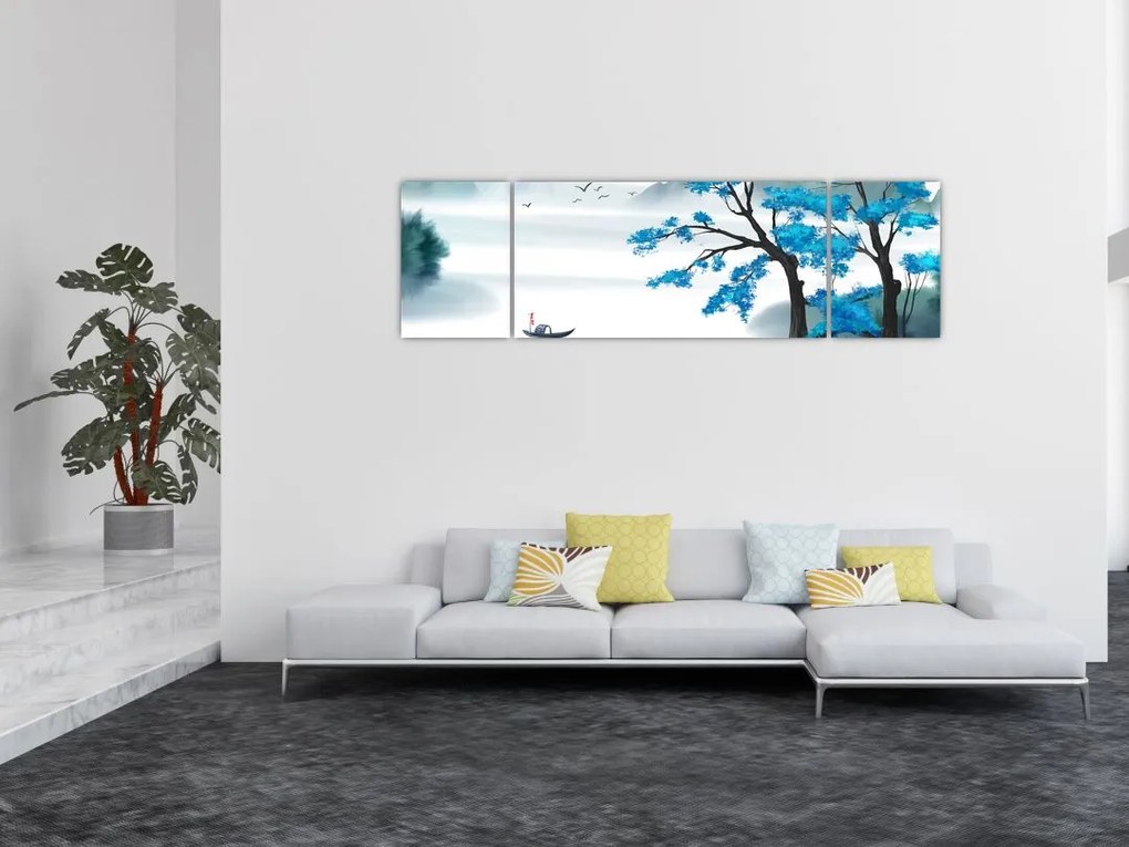 Obraz - Malowane jezioro z łódką (170x50 cm)