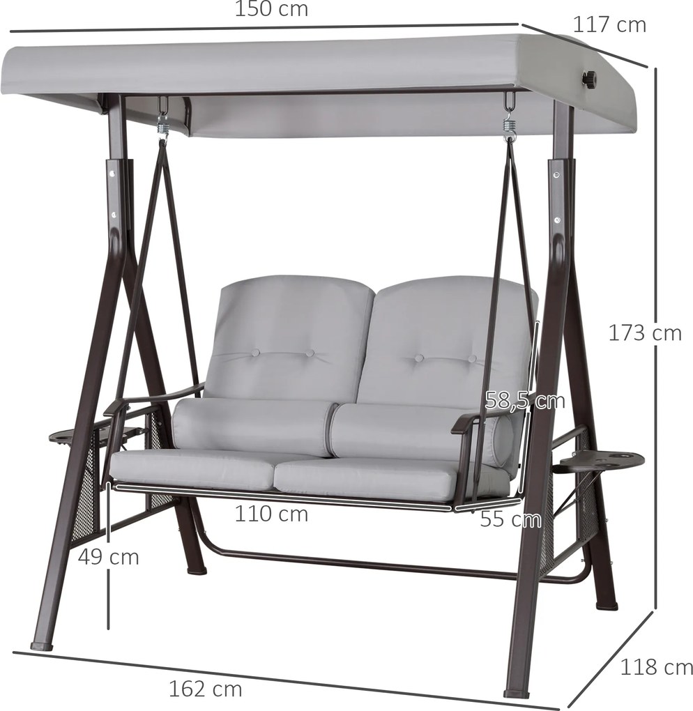 Outsunny huśtawka ogrodowa 2osobowa z daszkiem przeciwsłonecznym poduszka metal poliester khaki 162x118x173cm | Aosom PL