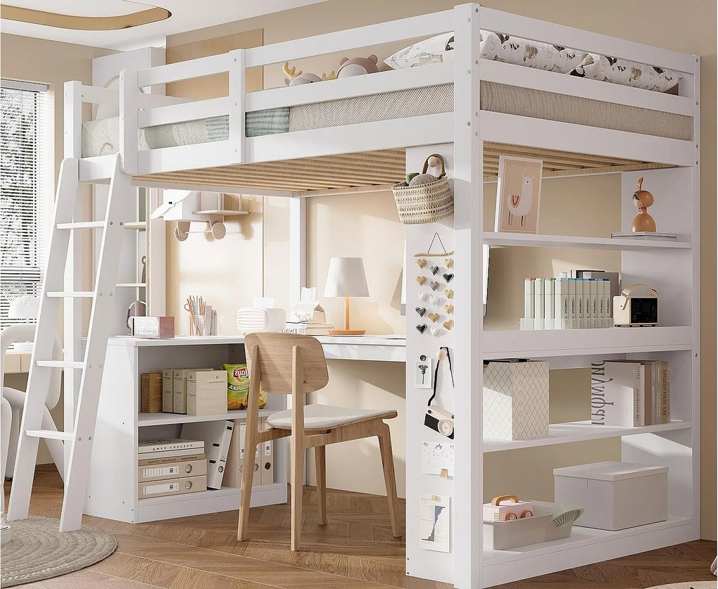 Łóżko antresolowe 90×200 cm - z biurkiem - z półką przechowawczą - z drabiną bezpieczeństwa - drewno lite + MDF - białe (bez materaca)