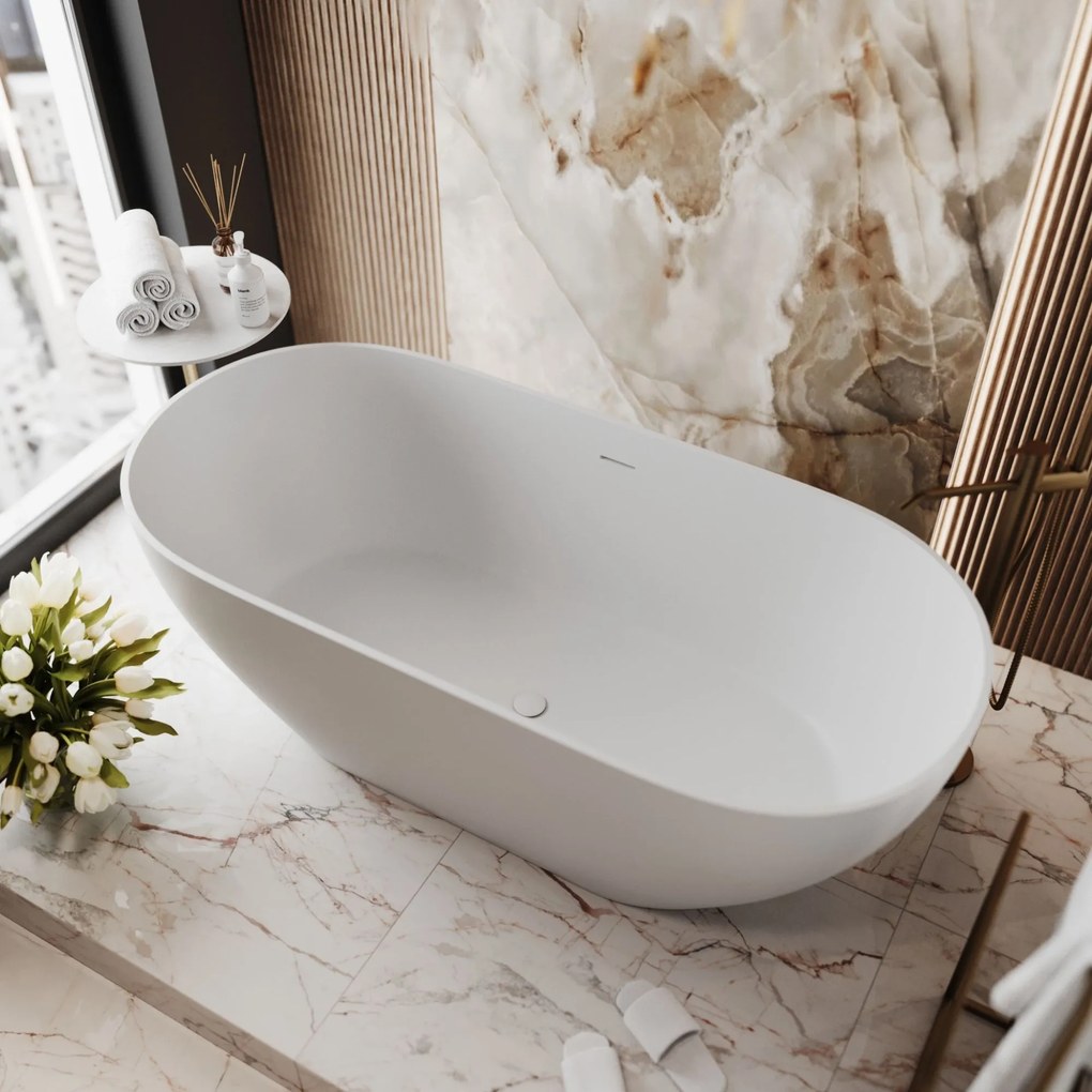 Wanna wolnostojąca owalna z konglomeratu 160 x 75 cm RONA Beige mat / połysk przelew typu SLIM cienki rant : Kolor wanny - Biały matowy