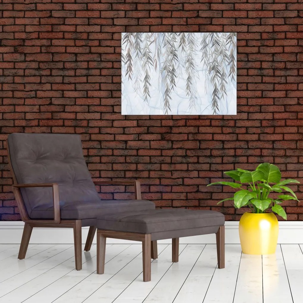 Obraz na szkle - Gałązki wierzby na niebieskim tle (70x50 cm)