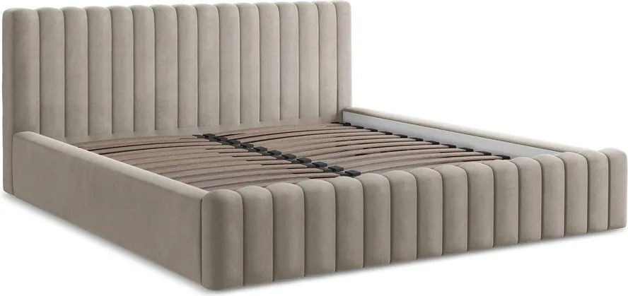 Szarobrązowe tapicerowane łóżko dwuosobowe ze schowkiem ze stelażem 160x200 cm Lemi – Makamii