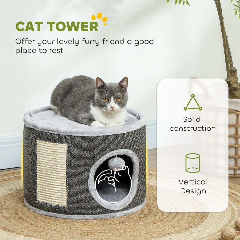 PawHut Kocia jaskinia, 2 poziomy, Domek dla kota, Plusz, Poduszki, Panel drapujący z sizalu, Φ40 x 30H cm, Ciemnoszary