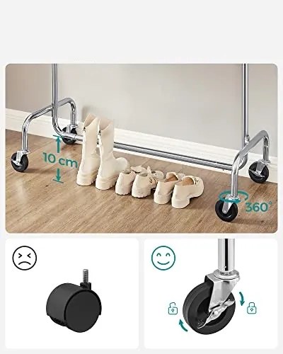 Wieszak na ubrania IRENE na kółkach, max. 130 kg, 150x45x160 cm, srebrny SongmicsHome