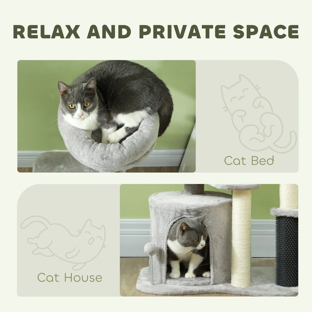PawHut Centrum Zabawy dla Kota z Drapakiem, Łóżkiem, Piłeczkami do Gry, Plusz, 60 x 39 x 87 cm, Jasnoszary/Kremowy