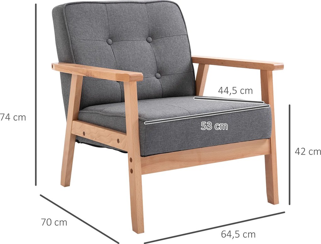 HOMCOM Fotel wypoczynkowy tapicerowany z podłokietnikami na drewnianym stelażu szary len 64x70x70 cm | Aosom PL