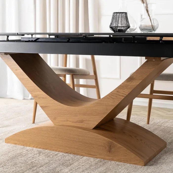 Stół Rozkładany Prostokątny ALICANTE 160-200 cm Ceramiczny Czarny/Dąb do Jadalni Nowoczesny