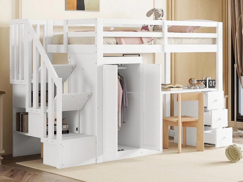 Łóżko mezzanine 90x200cm z drewna - z szafą, biurkiem i schodami do przechowywania - Białe
