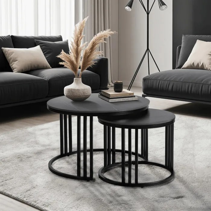 Zestaw Stolików Kawowych JERRY Czarny Marmur/Czarny do Salonu Nowoczesny
