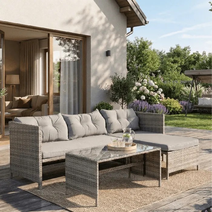 Zestaw Mebli Ogrodowych DALIANO Szary Narożnik Stolik Tarasowy Technorattan Nowoczesny